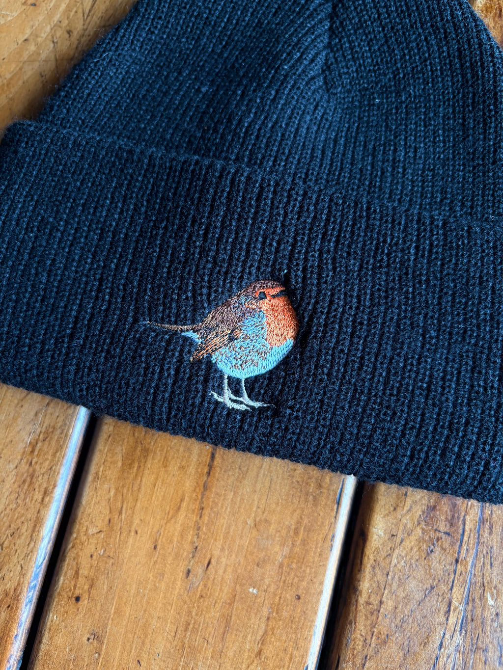 Robin Embroidered Black Beanie Hat